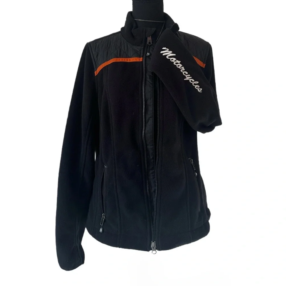 #37 HARLEY-DAVIDSON ~ Black Fleece Jacket Orange Trim Pockets and Quilted Detail